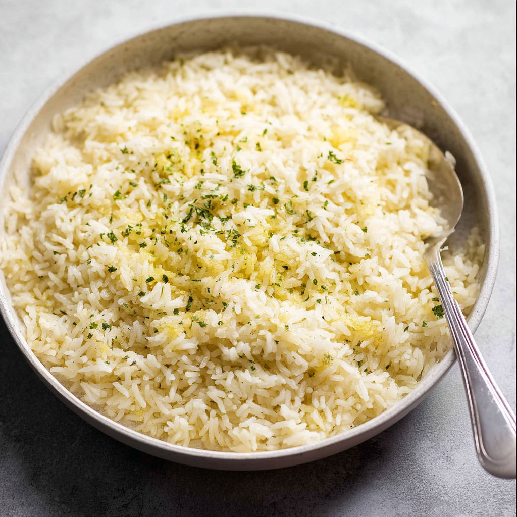A bowl of rice with garlic butter.
