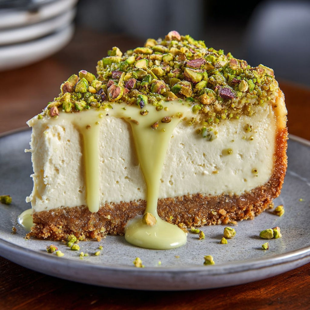 A slice of pistachio cheesecake with a topping.