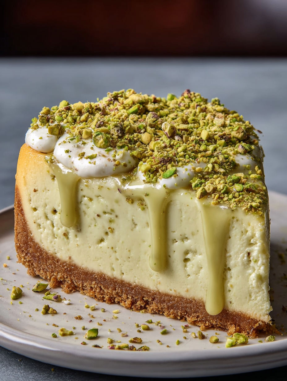 A slice of pistachio cheesecake with toppings.