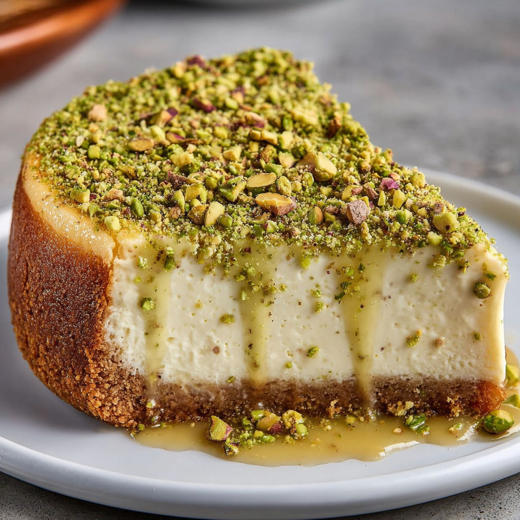 A slice of pistachio cheesecake with topping.