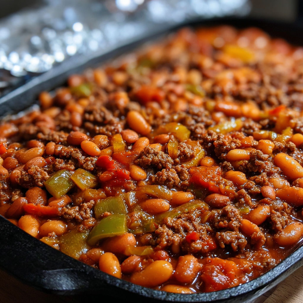 A dish of baked beans with ground beef.