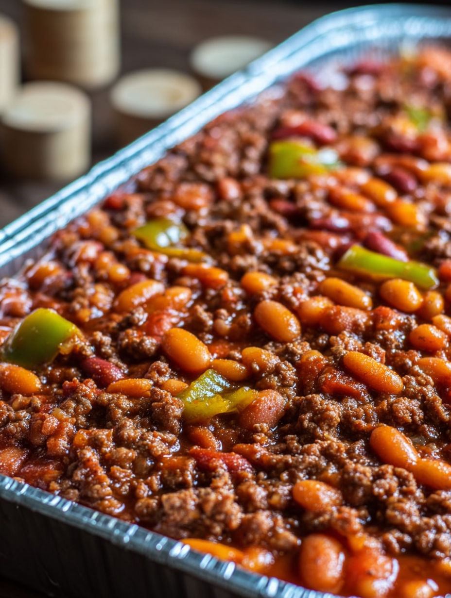 A pan of baked beans with ground beef.
