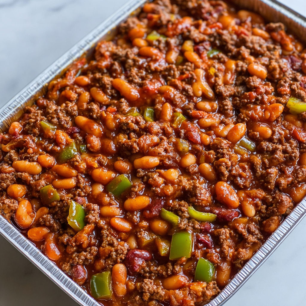 A casserole with beans and ground beef.