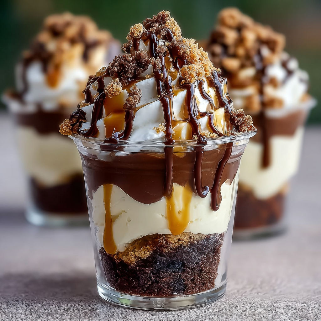A loaded brownie cheesecake cup.