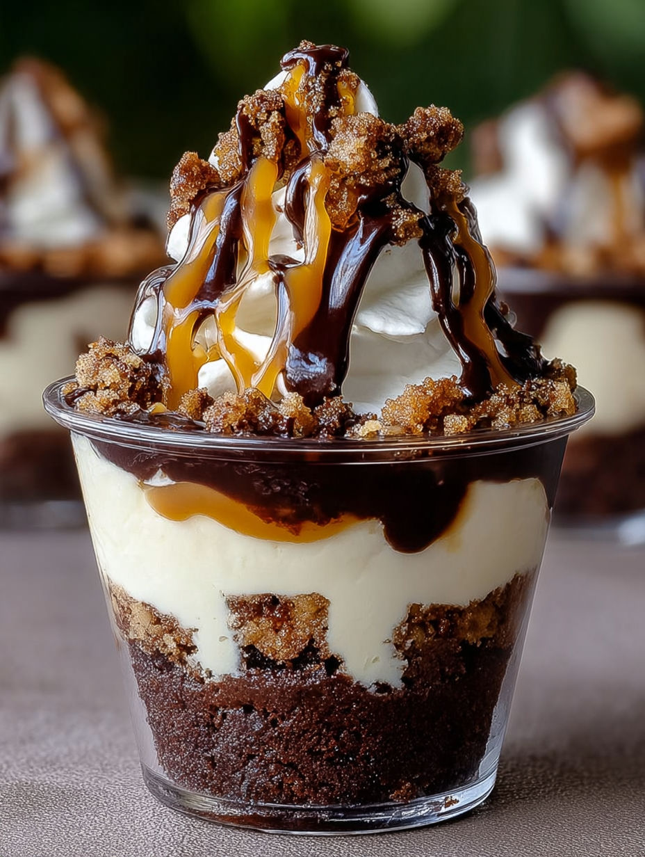 A cup of brownie cheesecake with chocolate sauce.