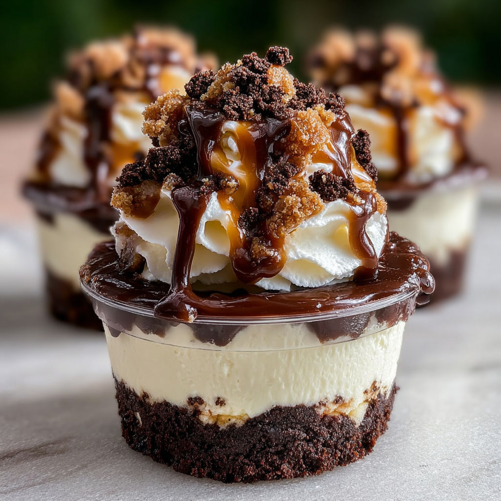 A cup of chocolate cheesecake with chocolate drizzle.