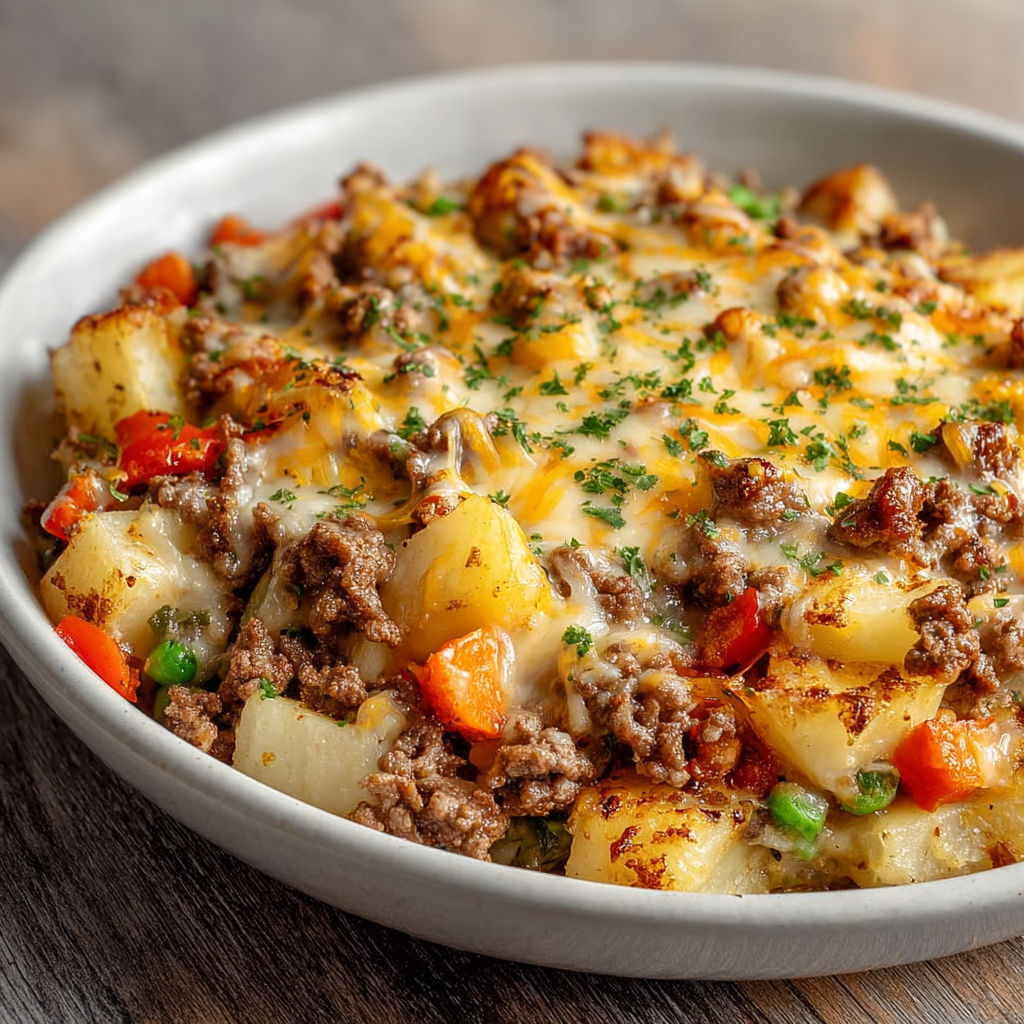 A bowl of ground beef and veggie hobo casserole.
