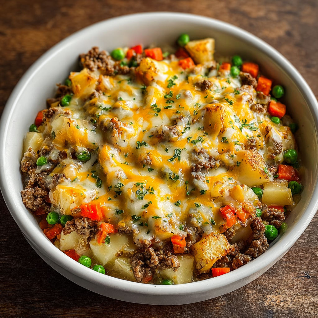 A bowl of ground beef and vegetable hobo casserole.