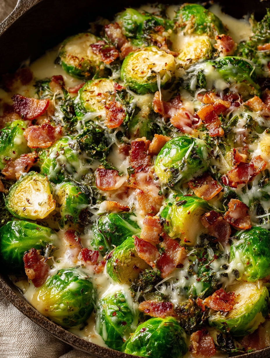 A dish of creamy bacon and brussels sprouts.