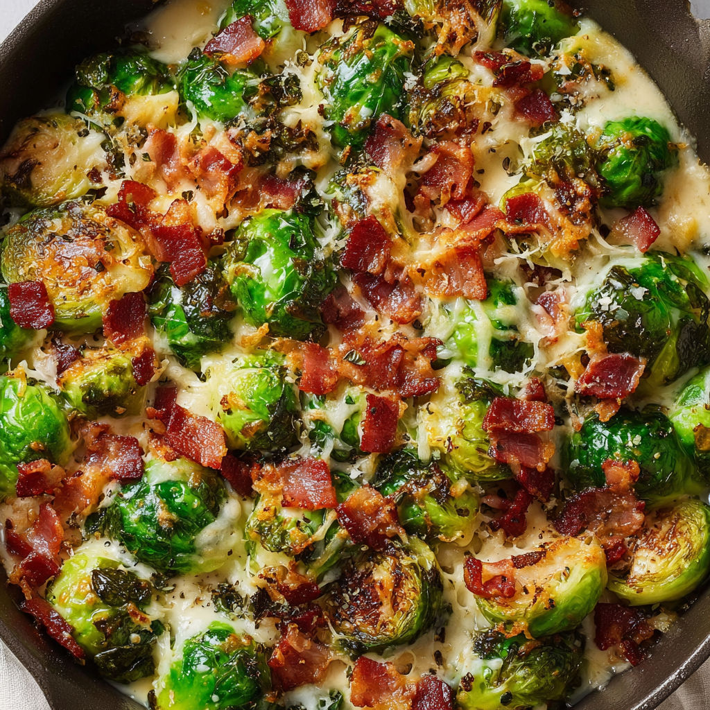 A dish of creamy bacon and brussels sprouts.