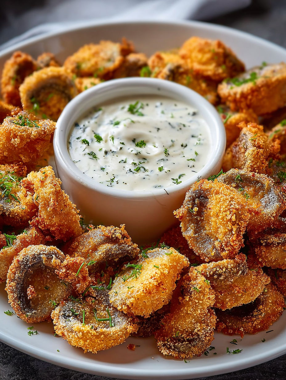 A bowl of crispy fried mushrooms with a ranch dip.