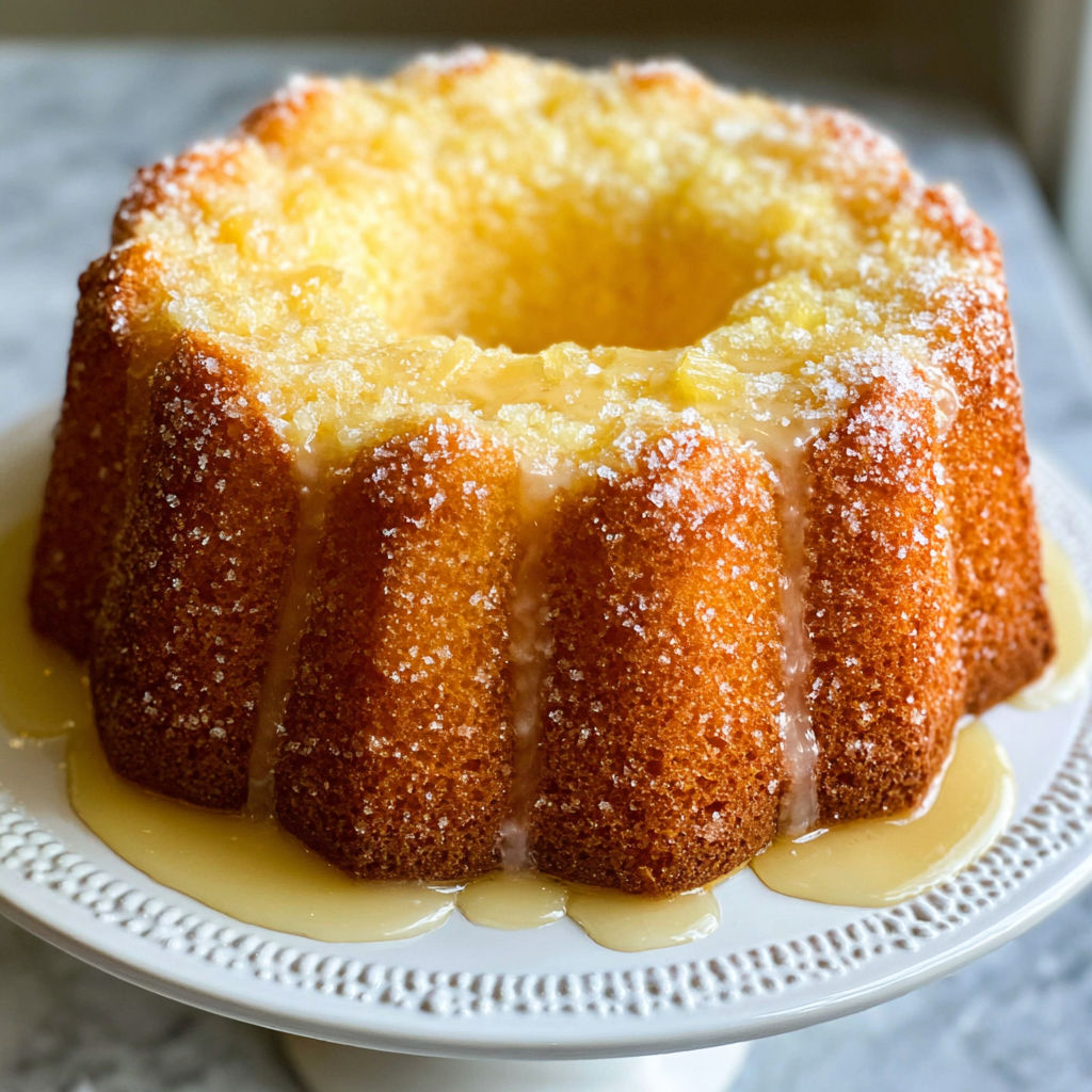 A pineapple pound cake dessert on a plate.