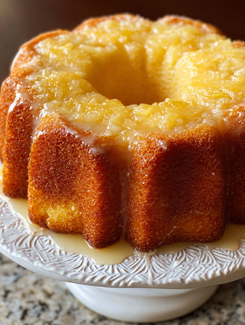 A slice of pineapple pound cake on a plate.