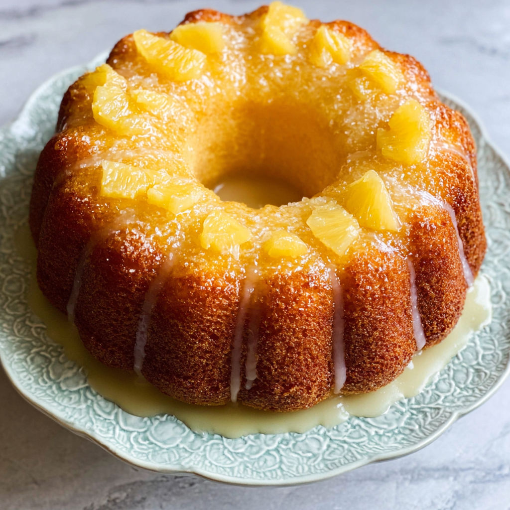 A slice of pineapple pound cake on a plate.