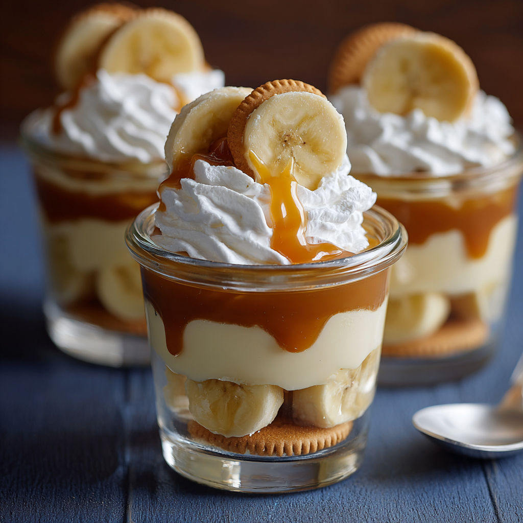 Three cups of banana pudding with whipped cream.