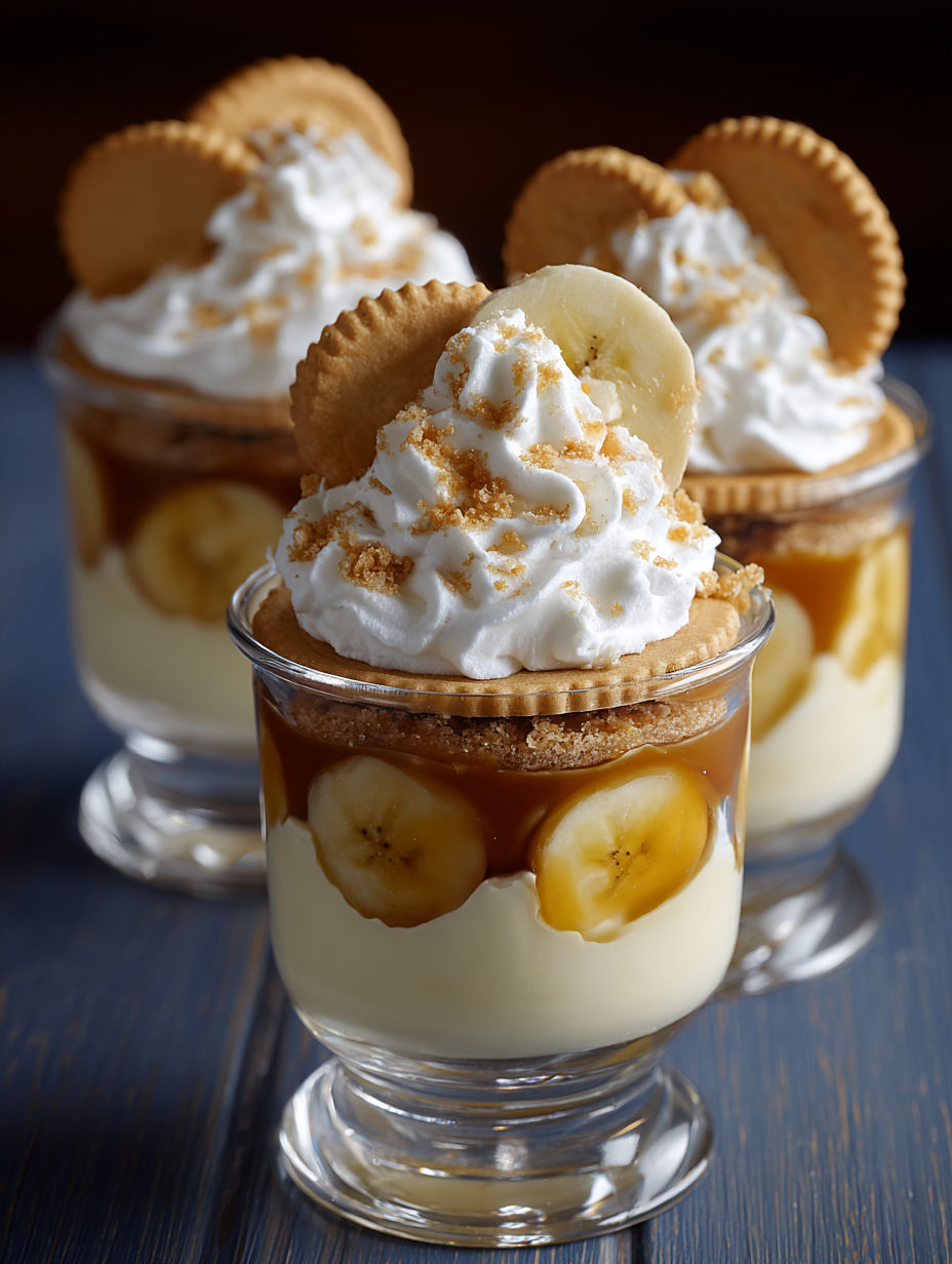 Three cups of caramel banana pudding with whipped cream.