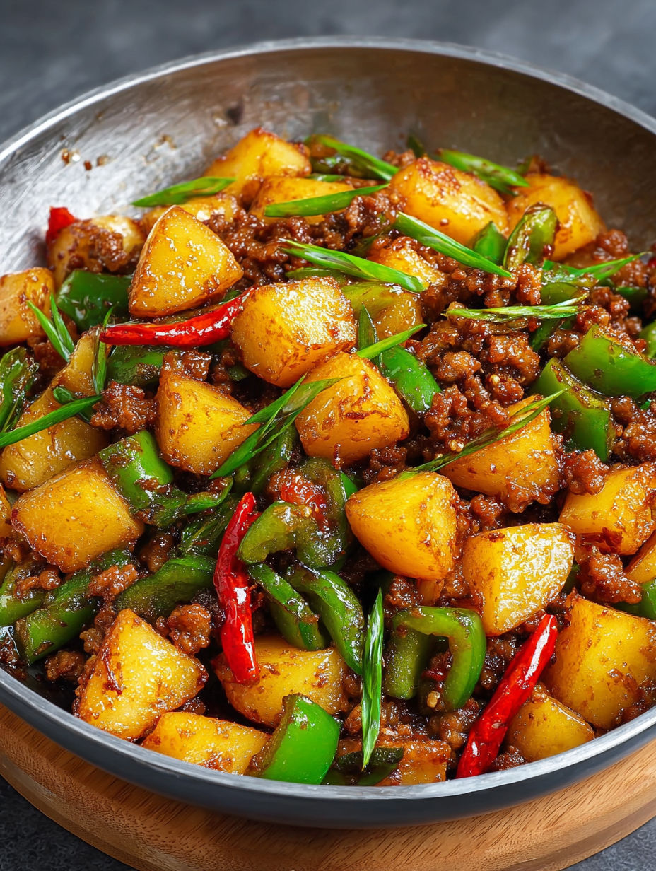 A bowl of stir fried potatoes and minced meat.