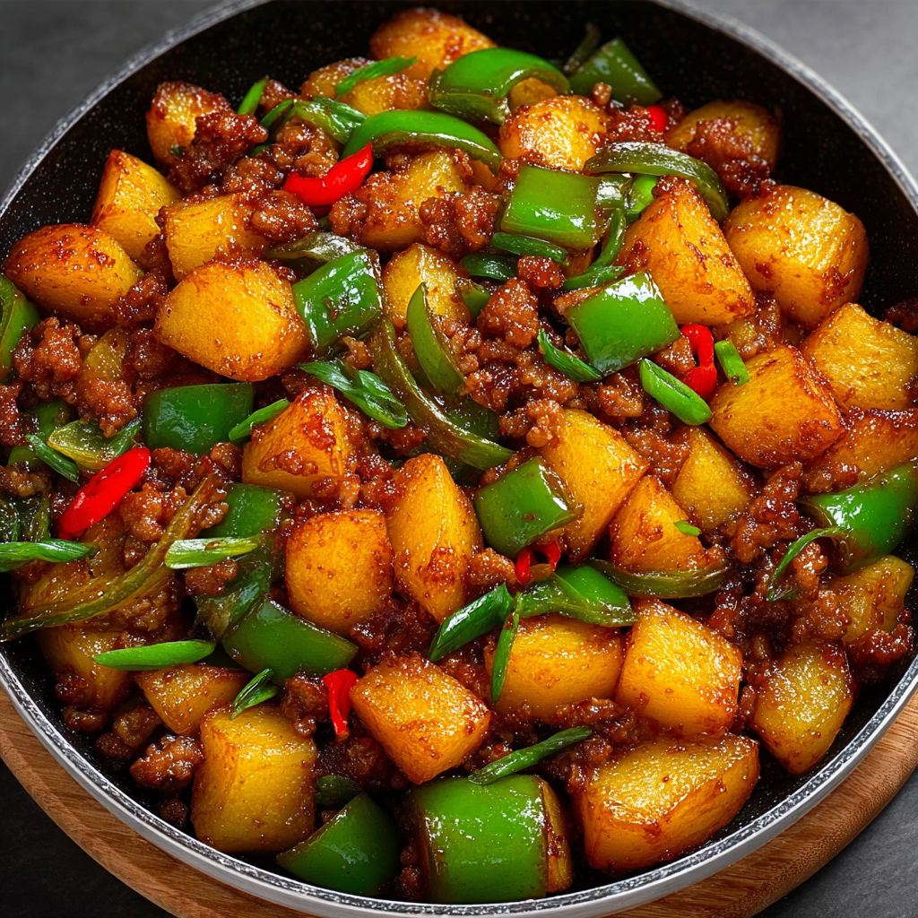 A plate of stir fried potatoes and minced meat.