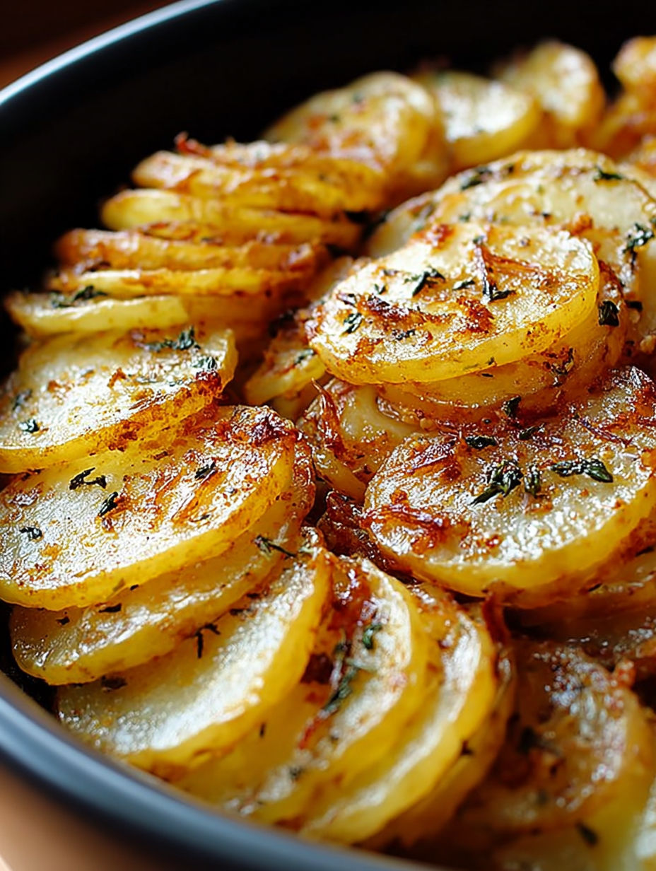 A close up of a slow cooker with potatoes and onions.