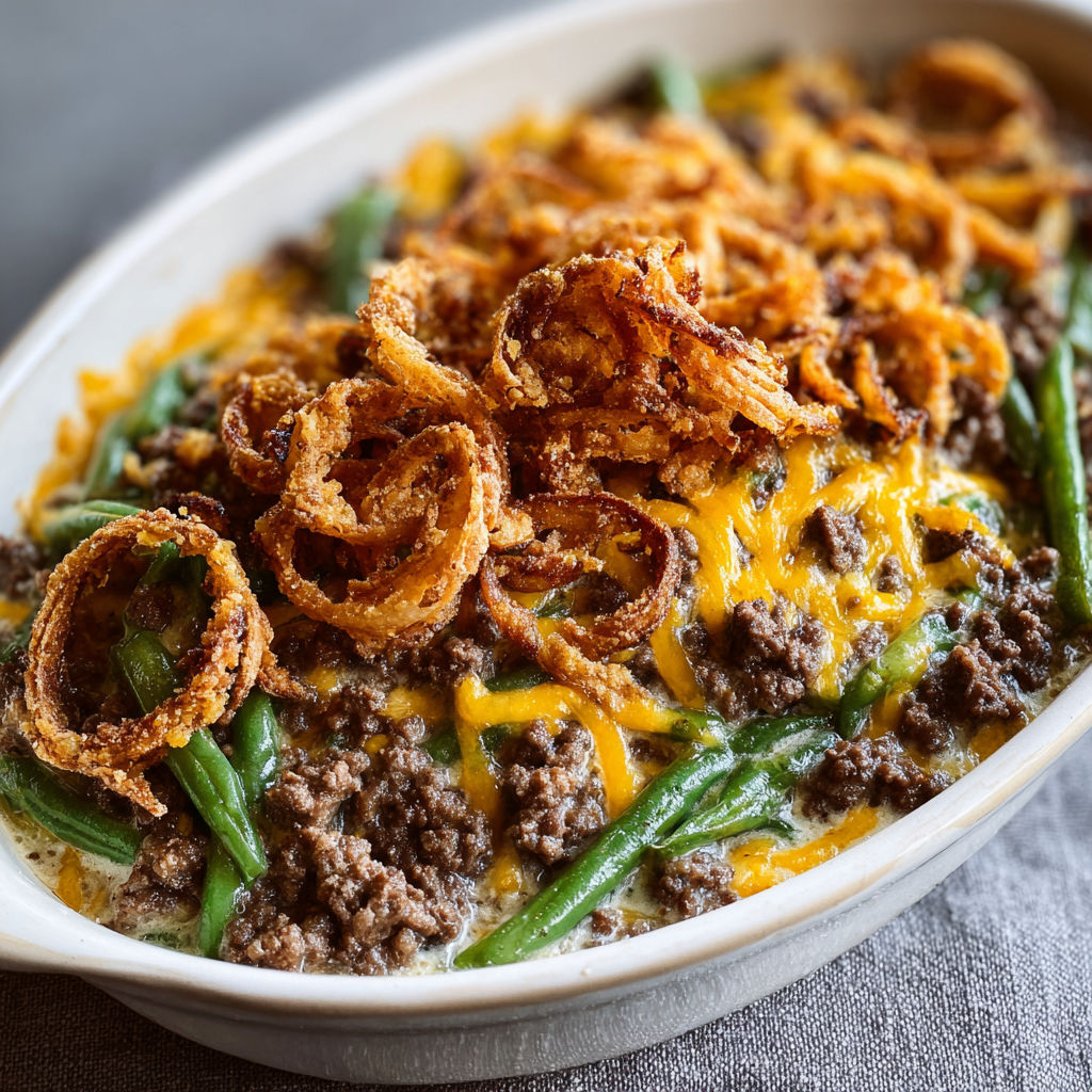 A plate of food with a green bean casserole.