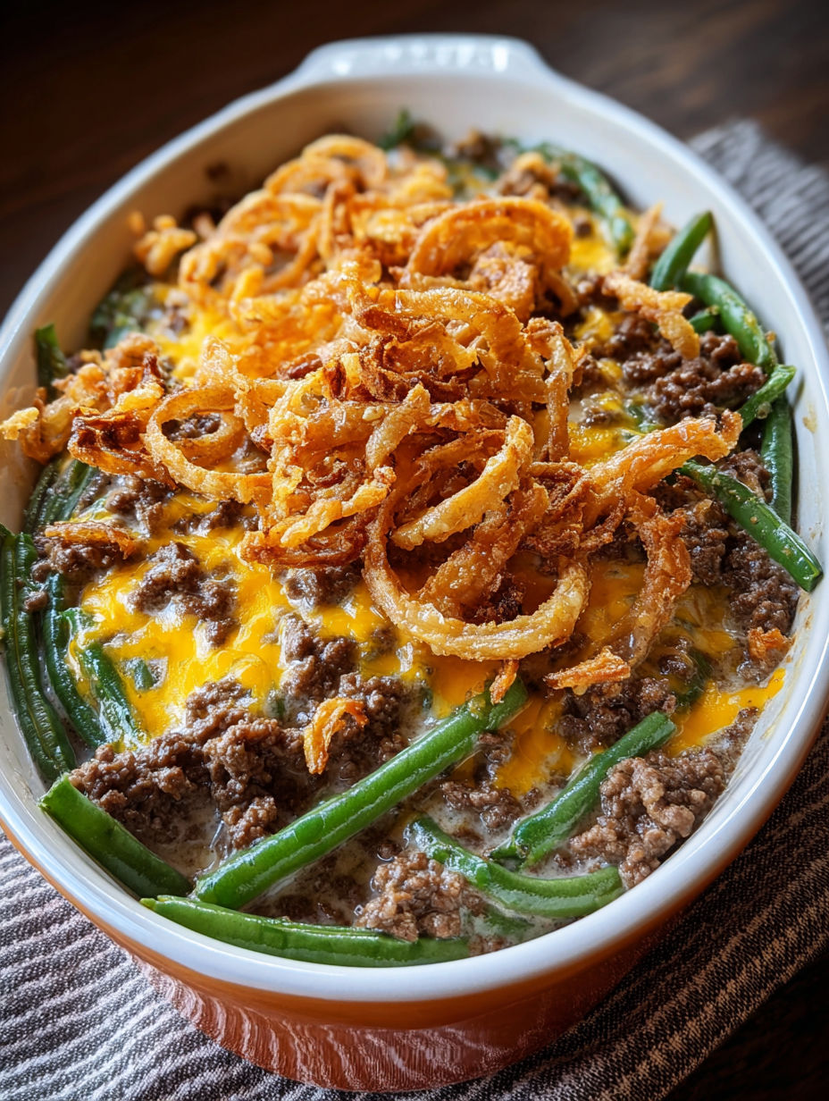 A plate of food with a green bean casserole and a hamburger.