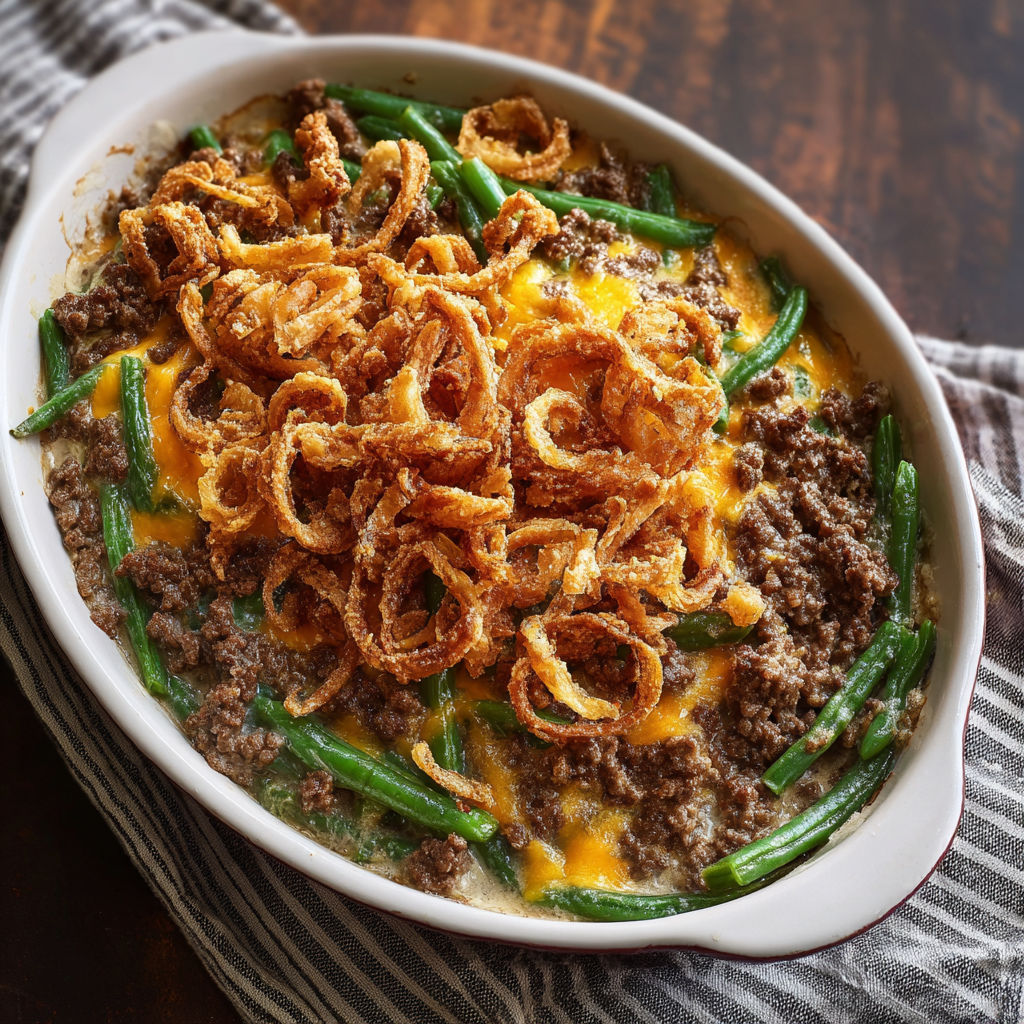 A plate of food with green beans and onions on top.
