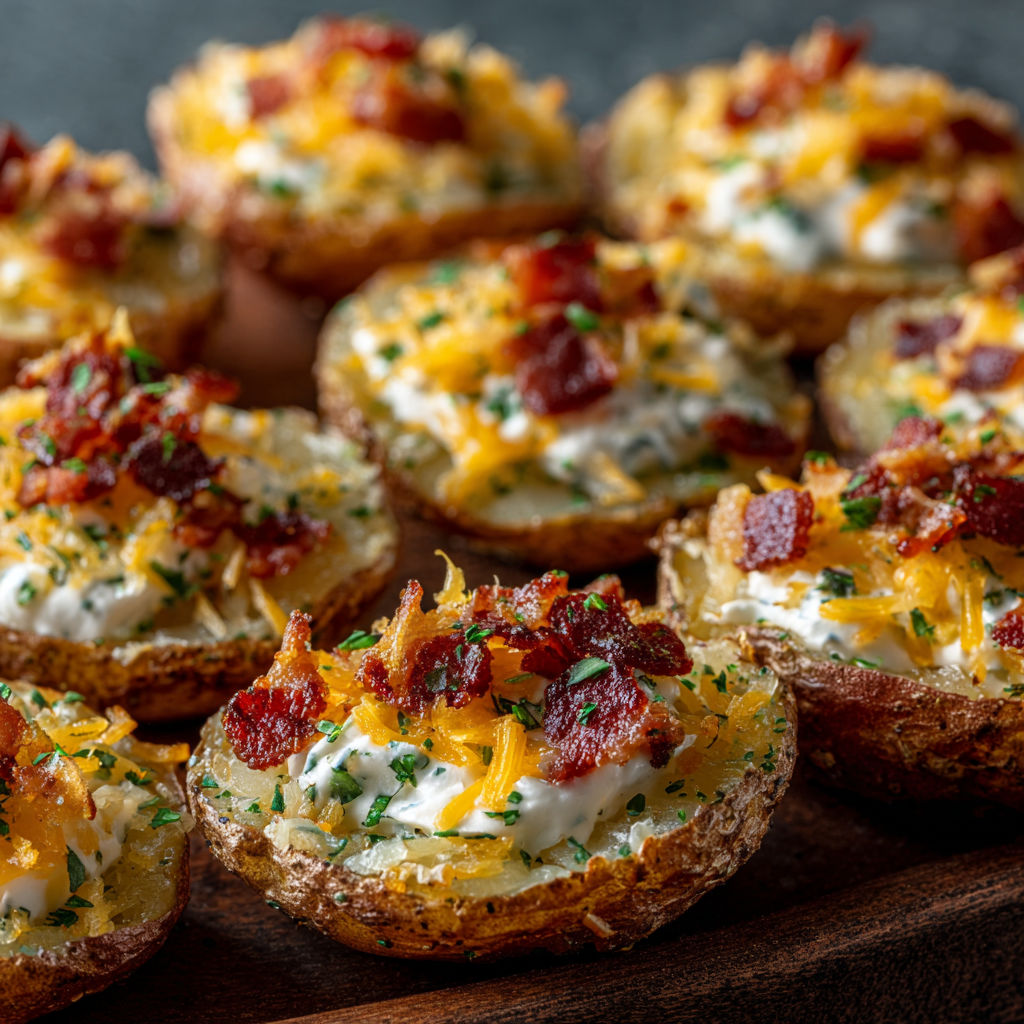 Loaded baked potato rounds on a wooden tray.