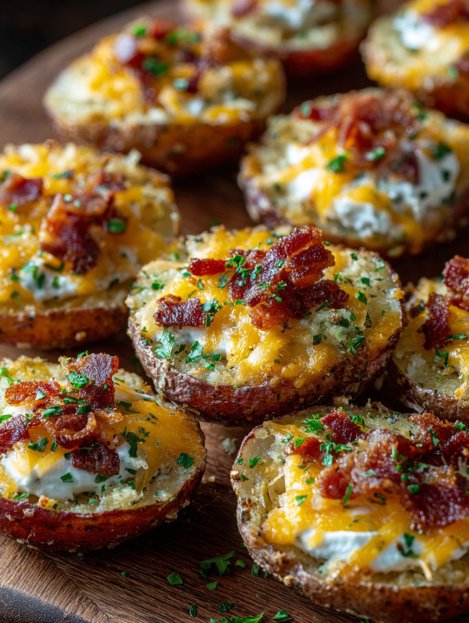 A plate of loaded baked potato rounds.