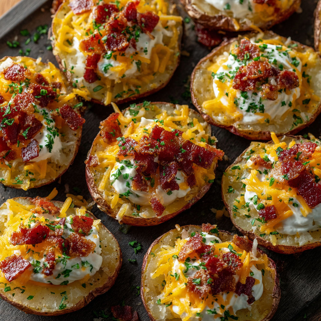 A plate of loaded baked potato rounds.
