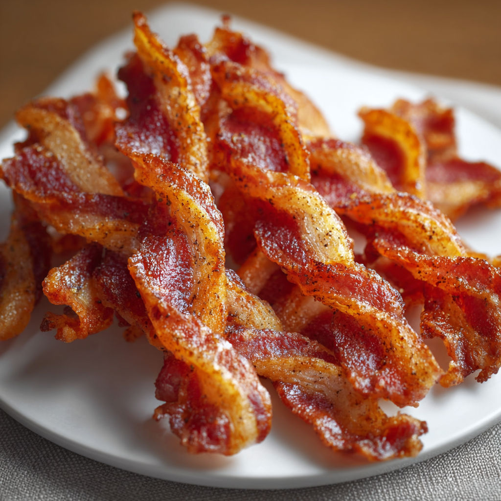 Twisted bacon on a white plate.