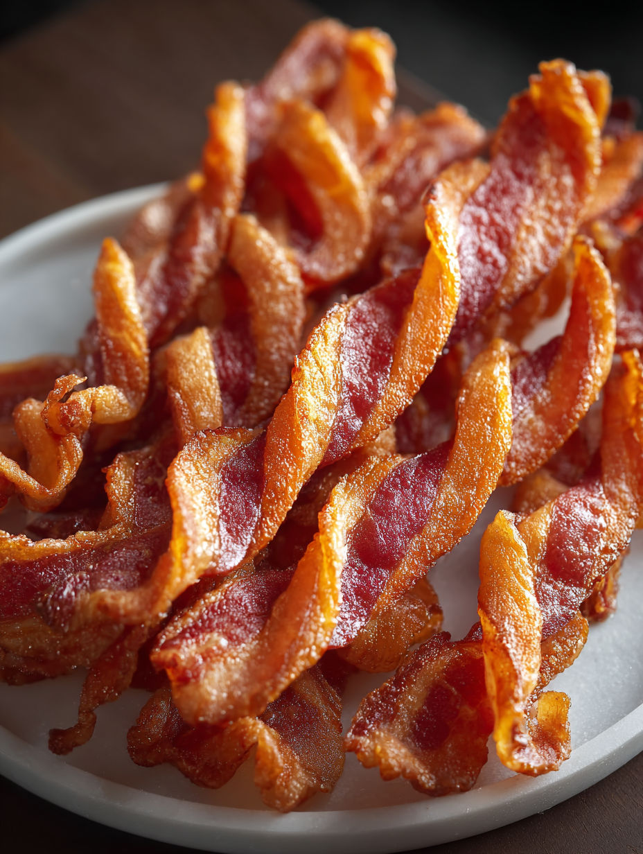 Twisted bacon on a white plate.