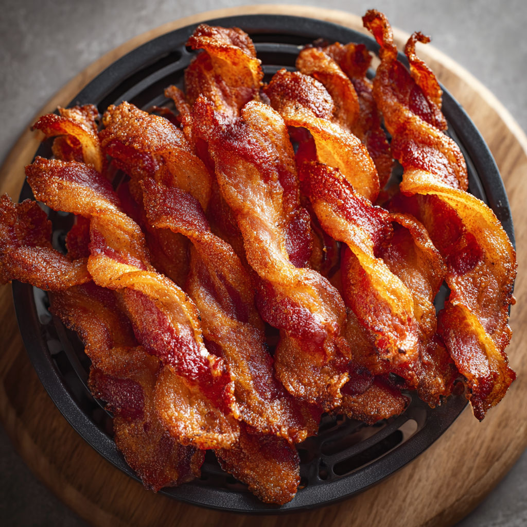 Twisted bacon in a black air fryer.