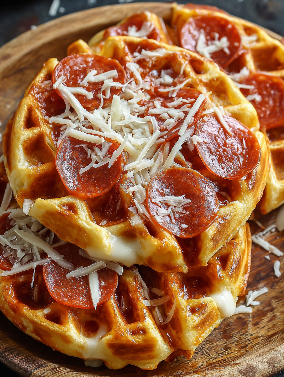 A waffle with pepperoni and cheese on top.