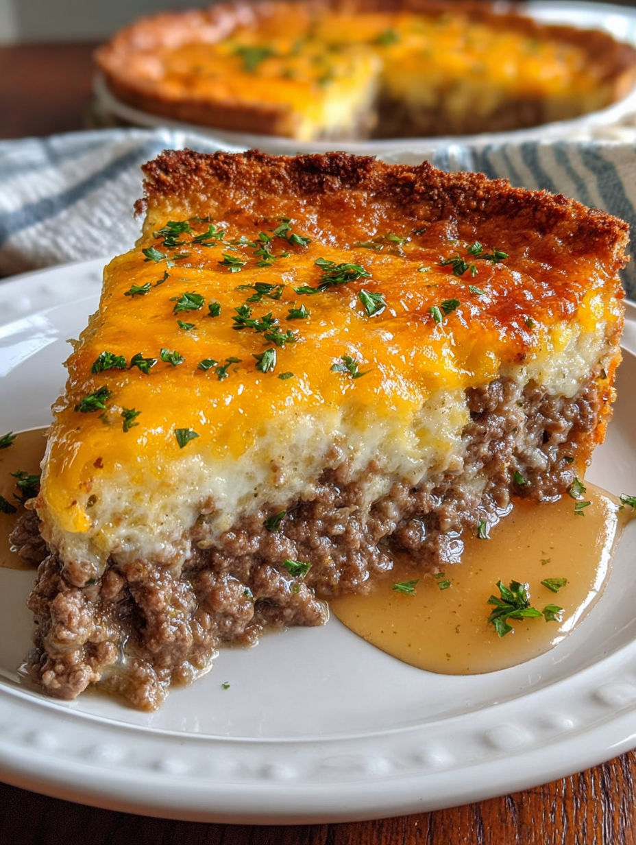 A slice of a cheeseburger pie.