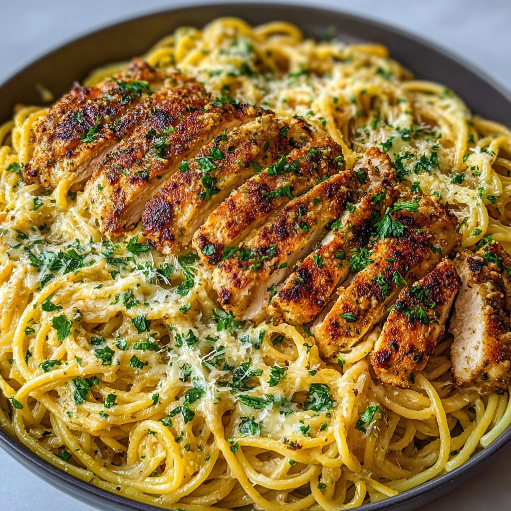 A plate of spaghetti with chicken and garlic Parmesan cheese.