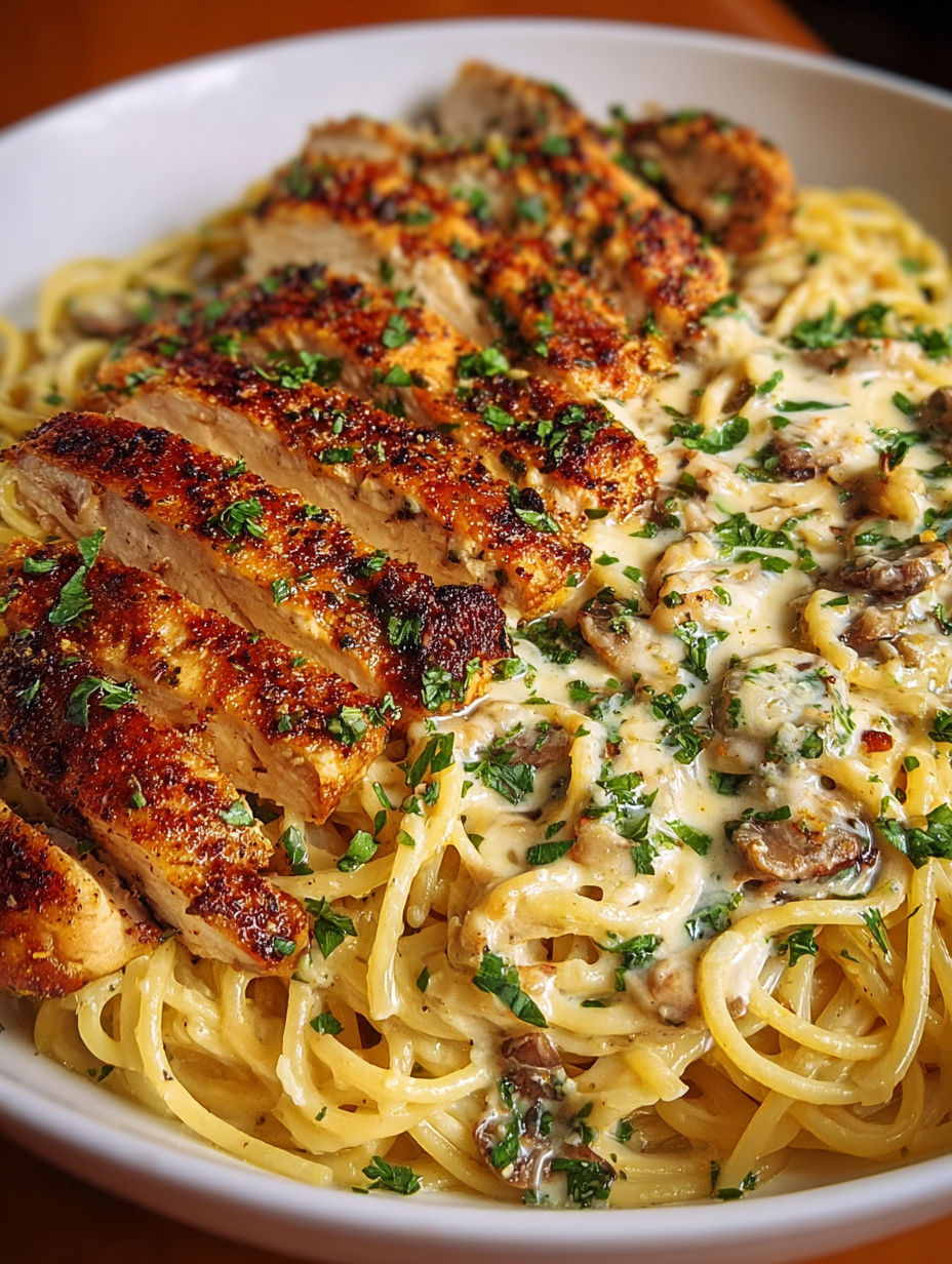 A plate of spaghetti with chicken and mushrooms.
