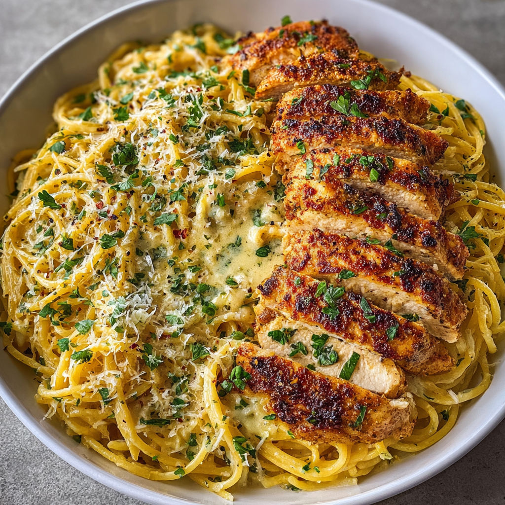 A bowl of spaghetti with chicken and garlic Parmesan.