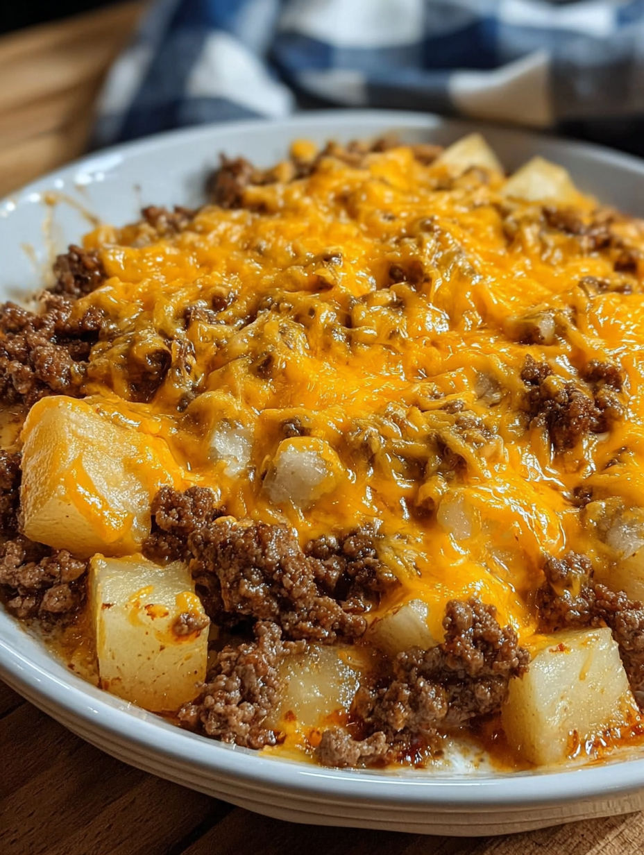 A white plate with a casserole on it.