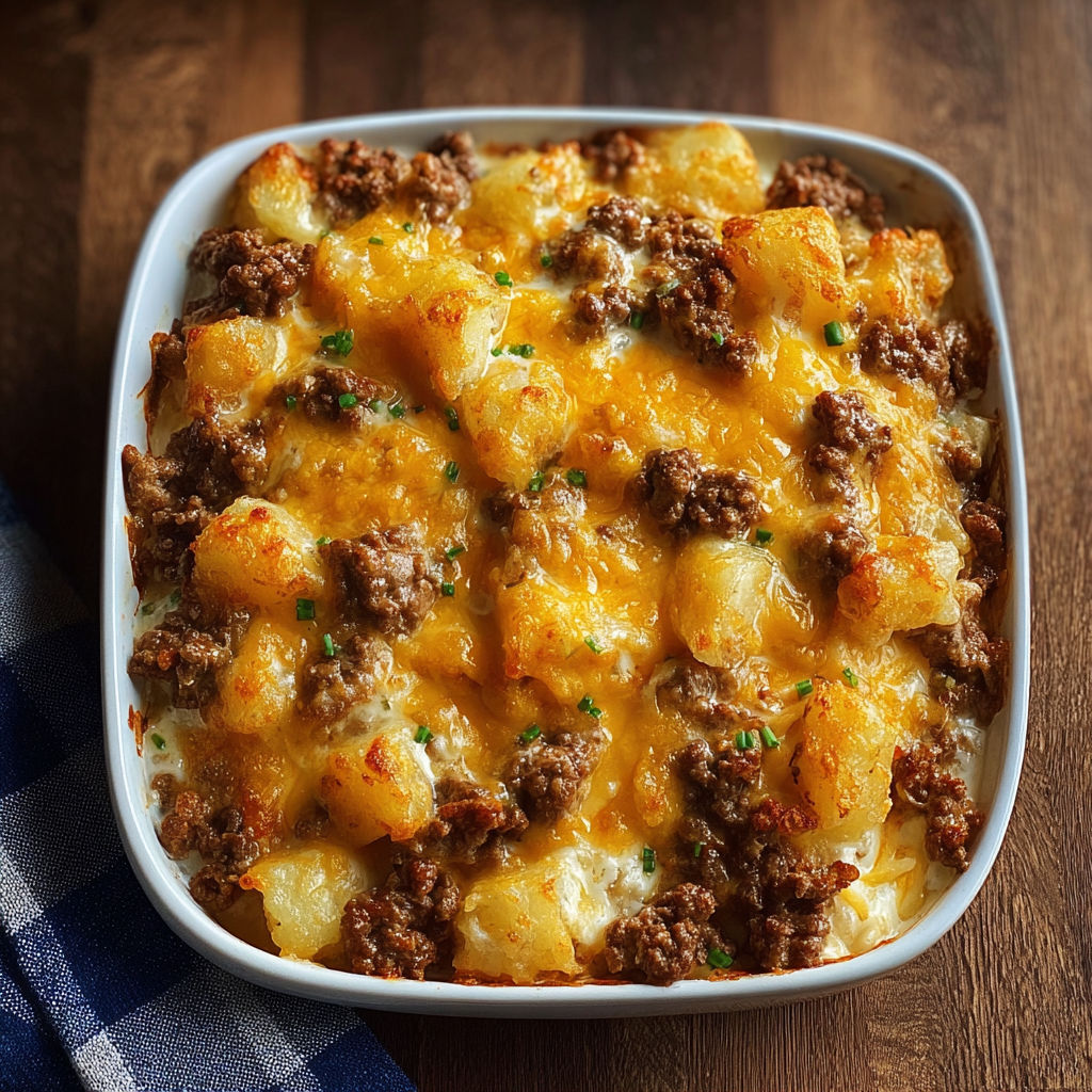 A white bowl filled with a ground beef casserole.