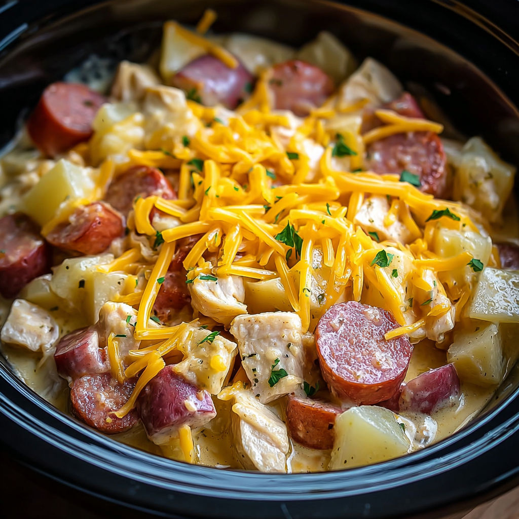 A crockpot filled with chicken, sausage, and cheese.