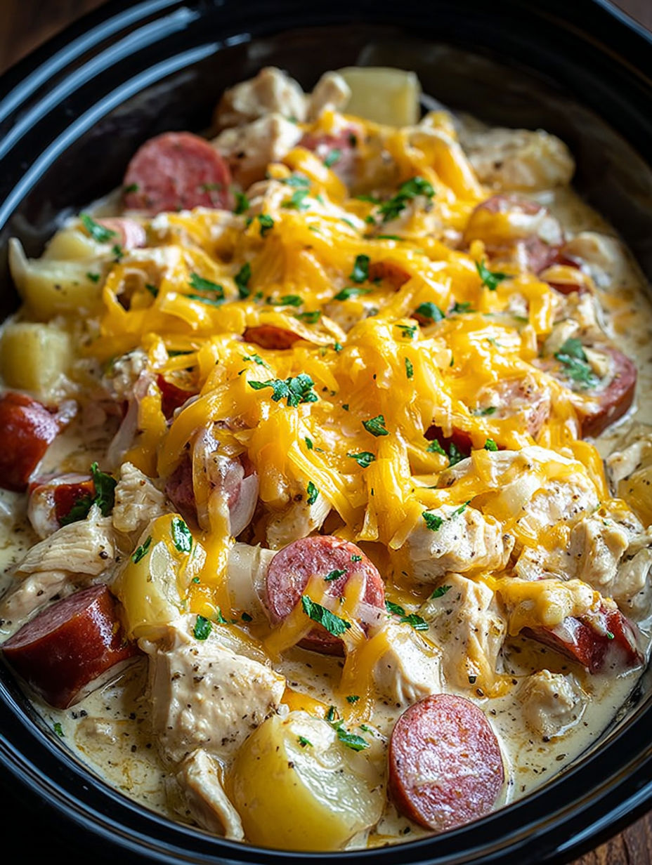 A crockpot full of cheesy chicken sausage.