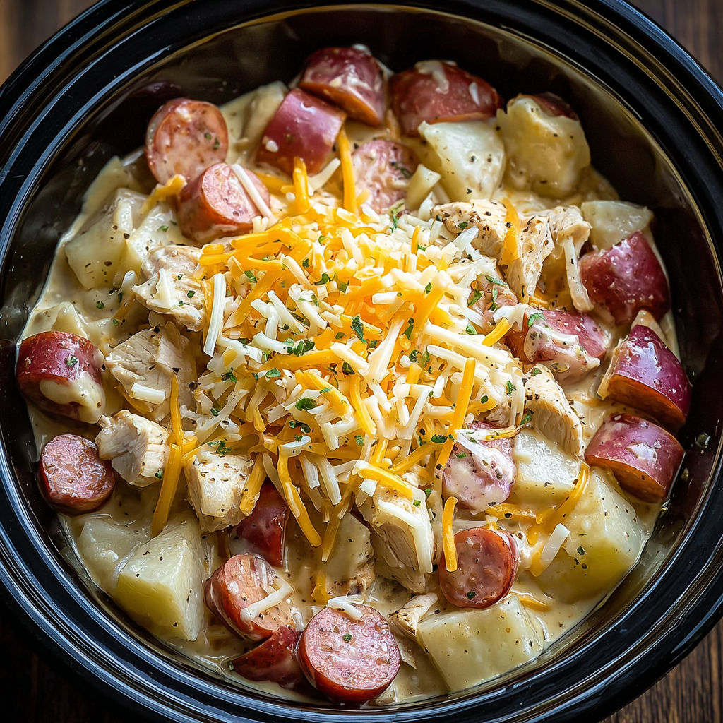 A bowl of chicken and sausage with cheese.