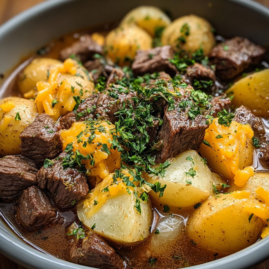 A bowl of slow cooker steak cheddar potato.