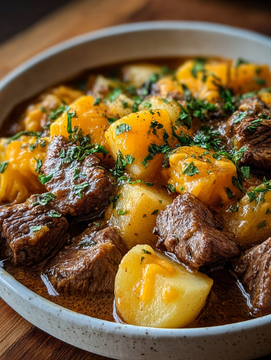 A bowl of slow cooker steak cheddar potato.