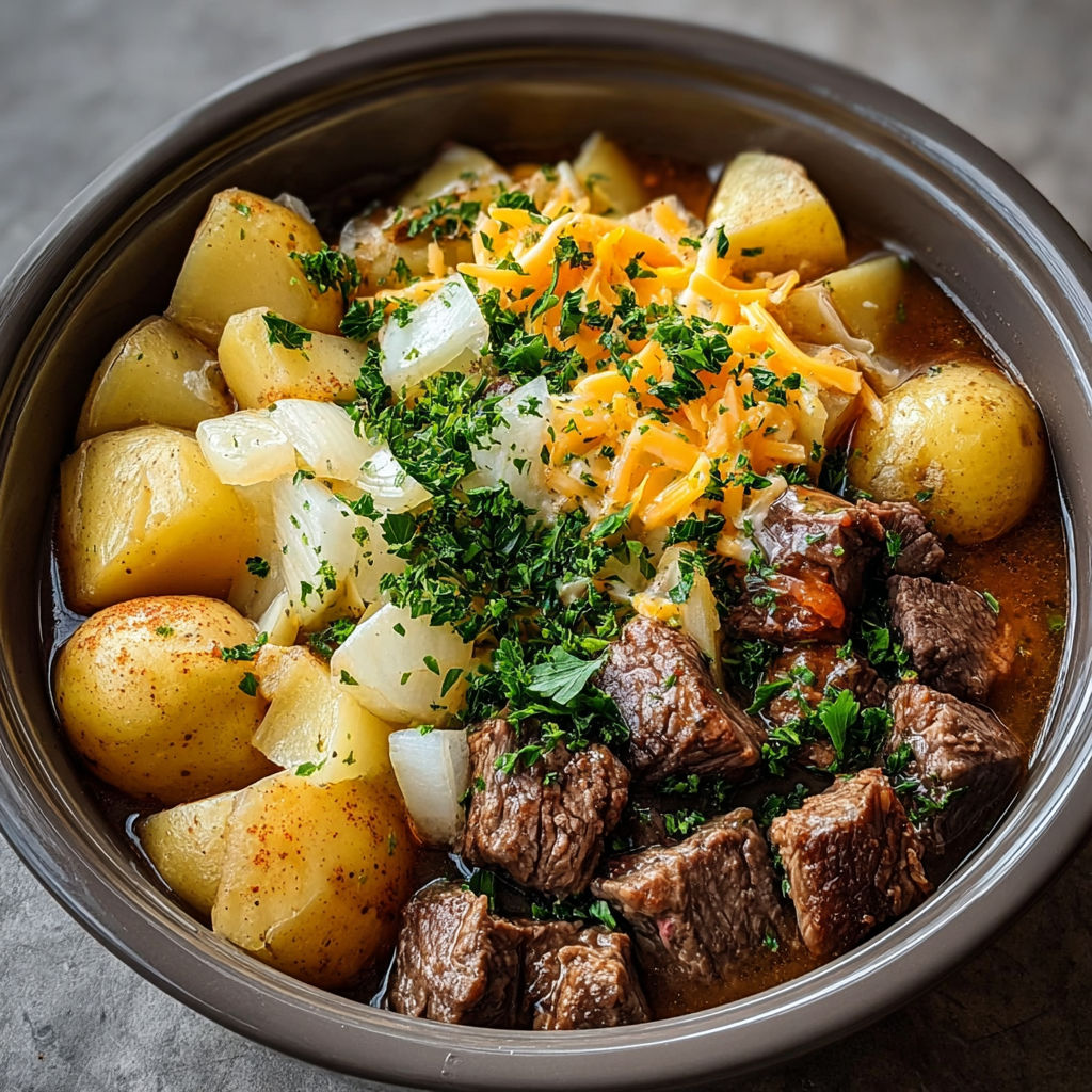 A bowl of slow cooker steak cheddar potato.
