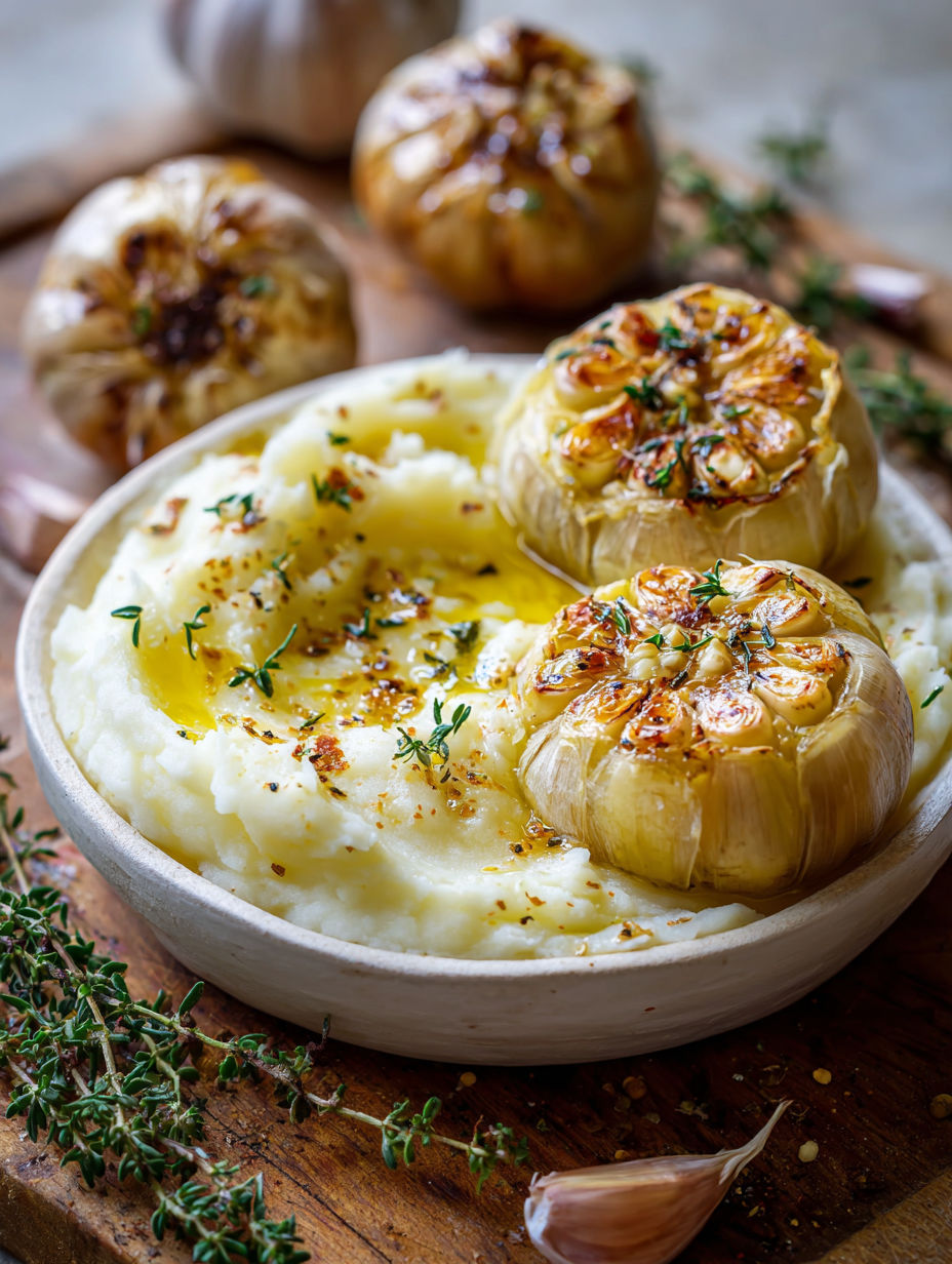 A bowl of mashed potatoes with roasted garlic.