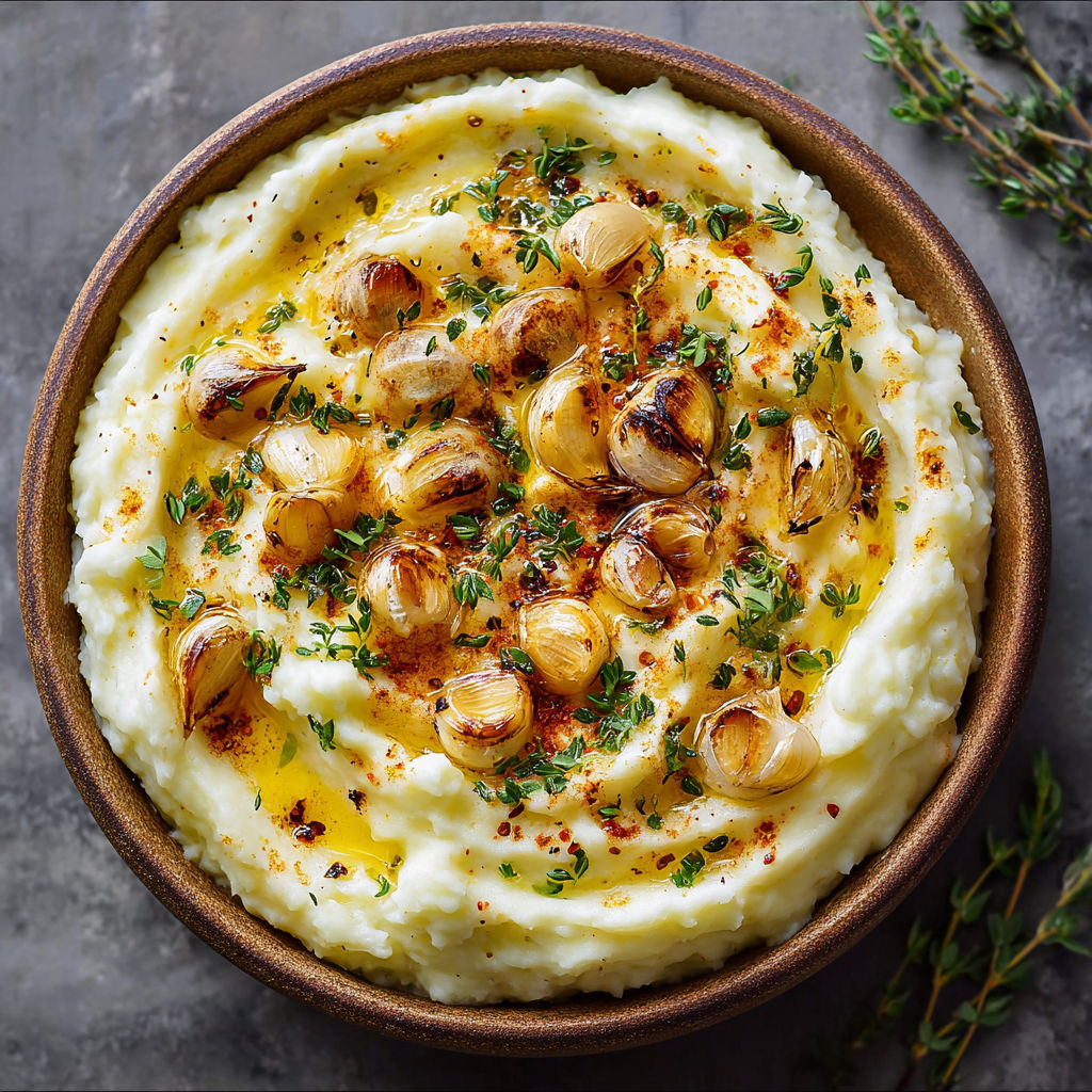 A bowl of mashed potatoes with roasted garlic.