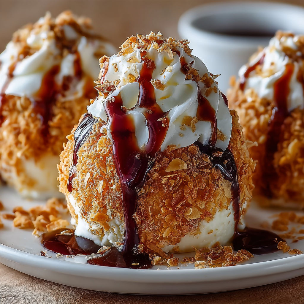 A plate of fried ice cream with chocolate sauce drizzled on top.