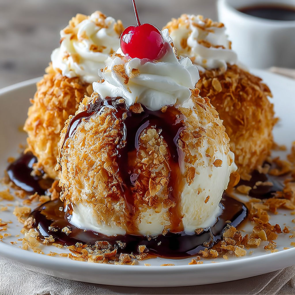 A plate of fried ice cream with chocolate sauce.
