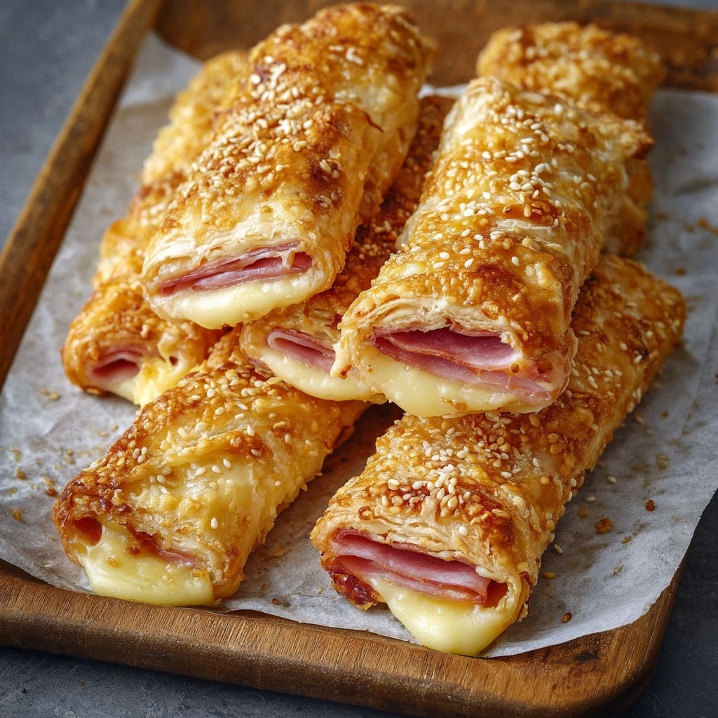 A wooden tray with ham and cheese sticks.